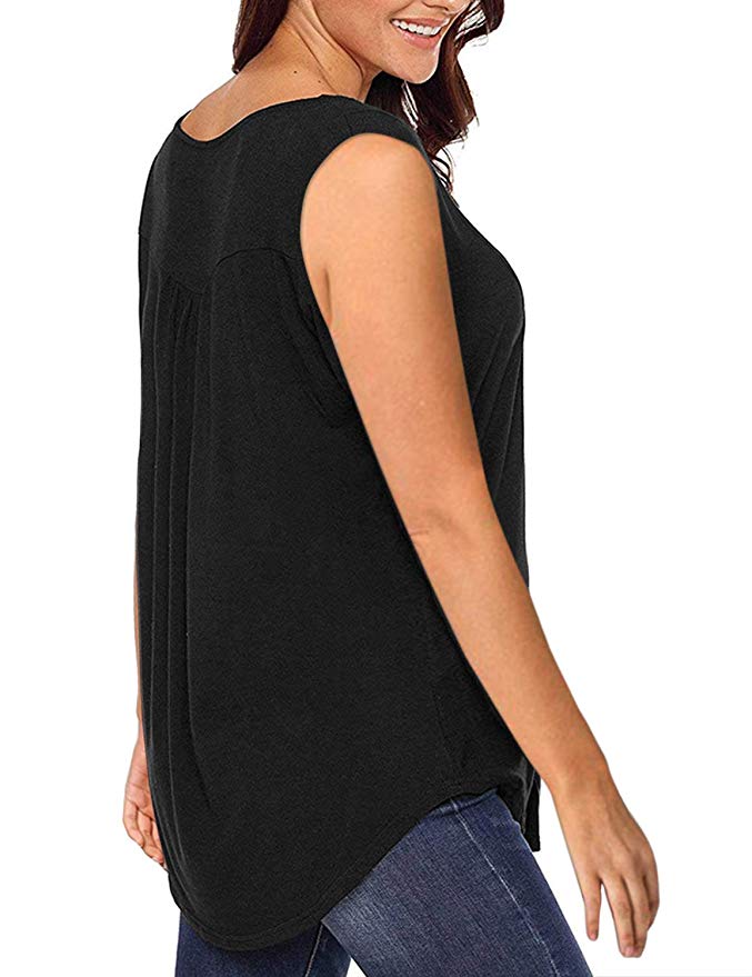 VEZAD Store Women Swing Flowy Tank Tops Summer Round Neck Sleeveless Buttons Solid Casual Loose Shirt